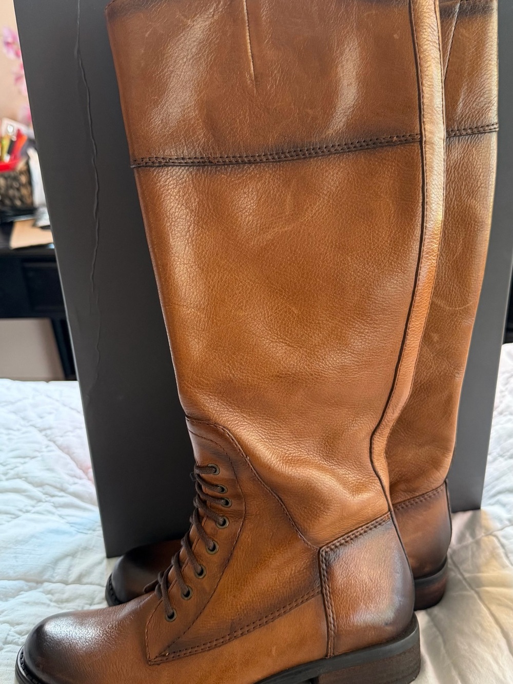 Vince Camuto Cognac Brown Leather Tall Lace-Up Heeled Boots